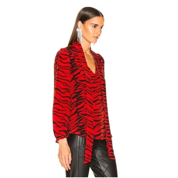 Rixo Moss Blouse Long Sleeve Shirt V-Neck Animal Print Tie Bow Silk Red Medium - Picture 4 of 11